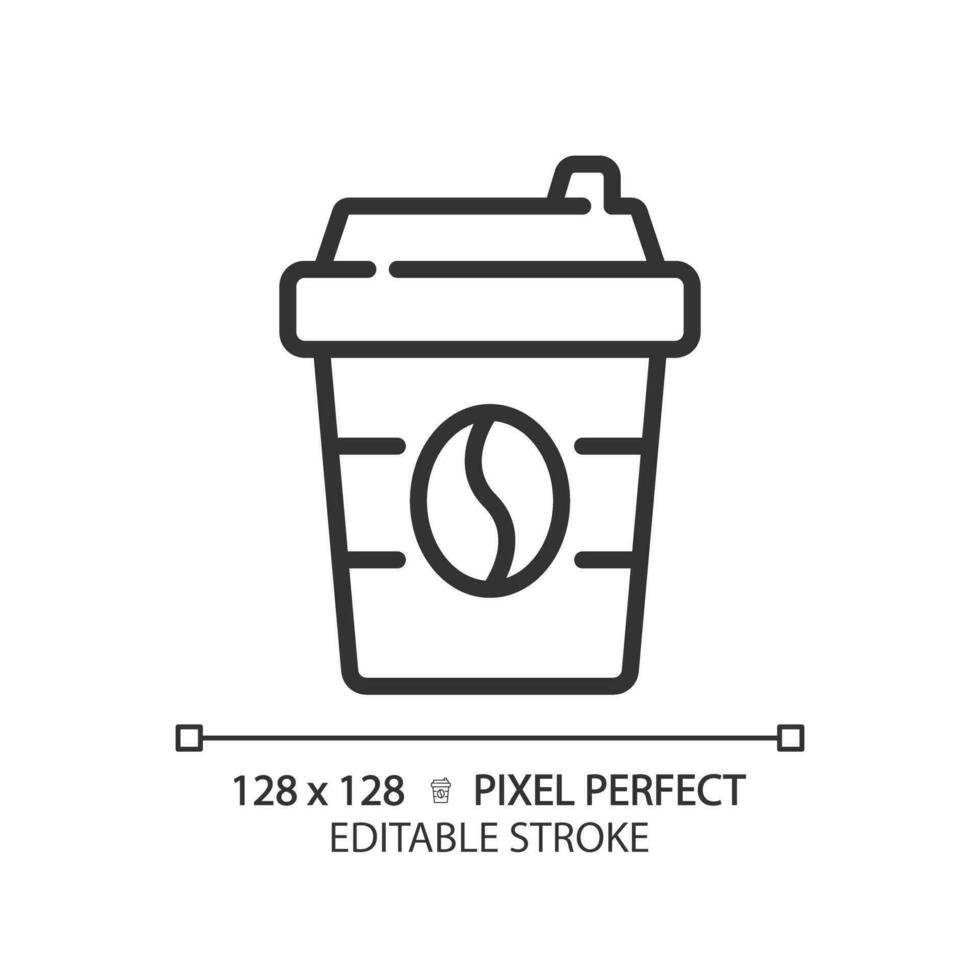 Coffee pixel perfect linear icon. Caffeinated drink. Take away. Paper cup. Hot beverage. Cafe menu. Morning ritual. Thin line illustration. Contour symbol. Vector outline drawing. Editable stroke