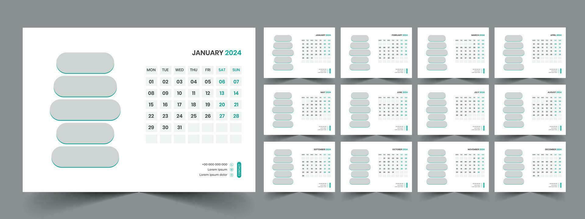 Calendar 2024 planner corporate template design set. Week starts on Monday. template for annual calendar 2024 vector