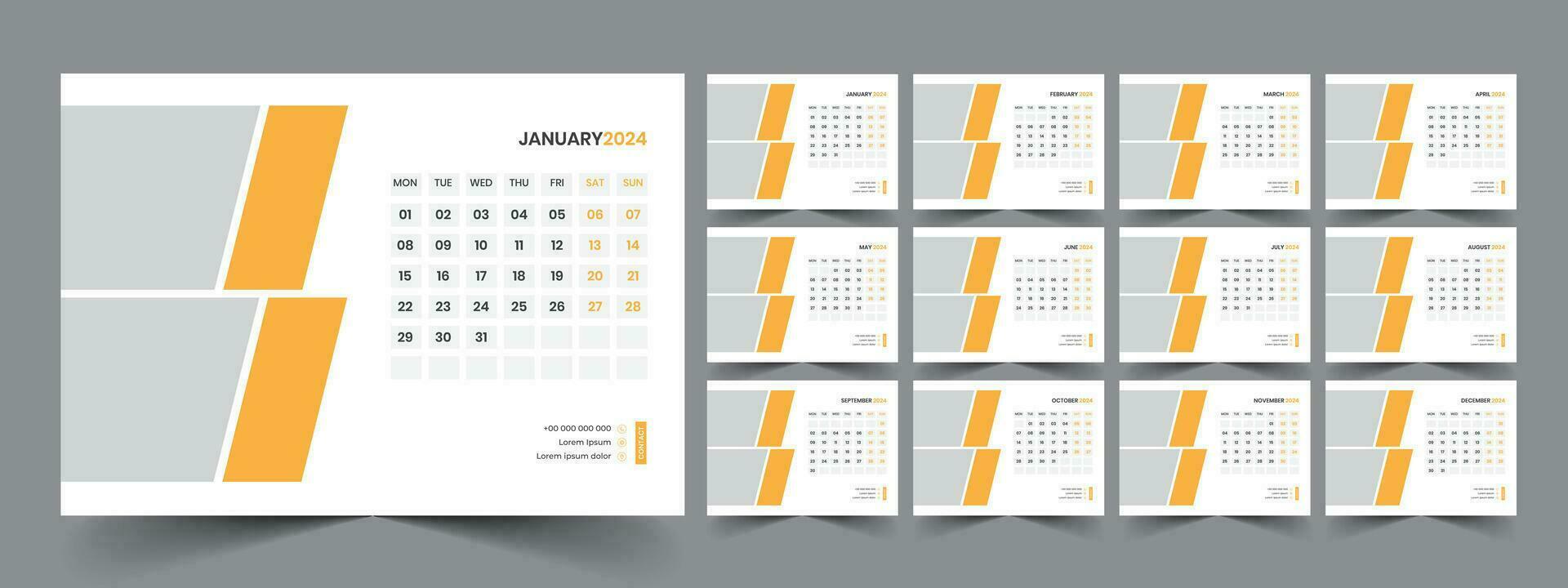 calendario 2024 planificador corporativo modelo diseño colocar. semana empieza en lunes. modelo para anual calendario 2024 vector