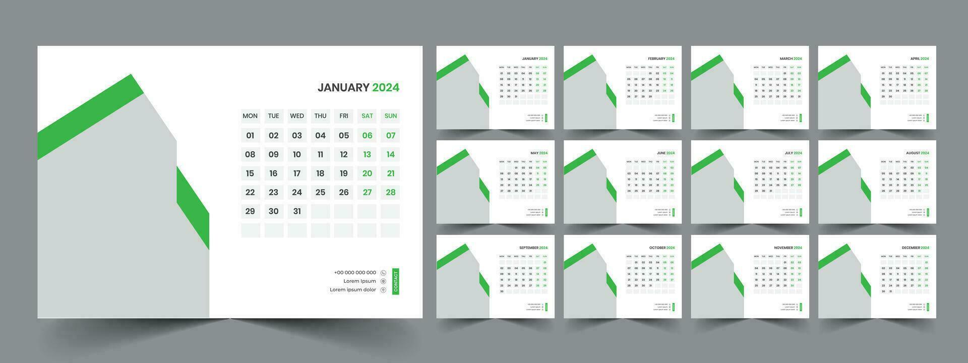 Calendar 2024 planner corporate template design set. Week starts on Monday. template for annual calendar 2024 vector