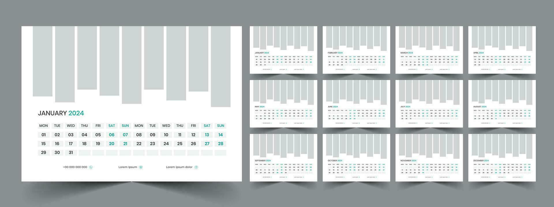 calendario 2024 planificador corporativo modelo diseño colocar. semana empieza en lunes. modelo para anual calendario 2024 vector