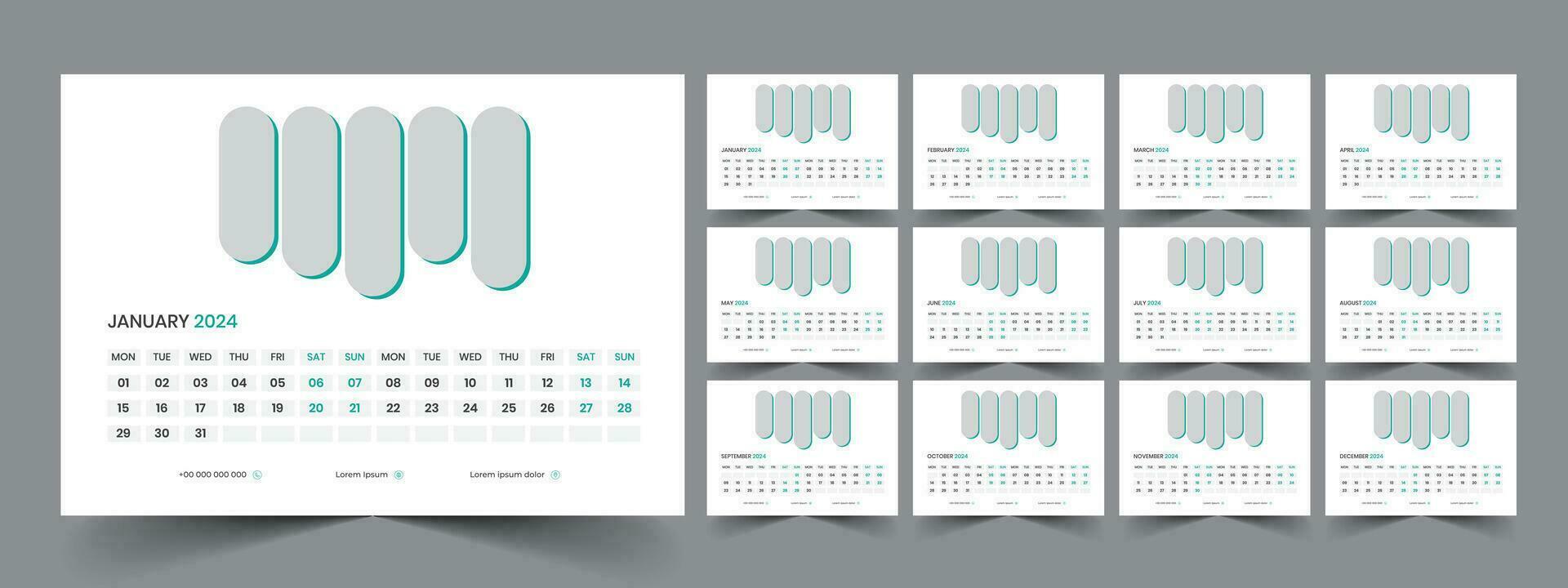 Calendar 2024 planner corporate template design set. Week starts on Monday. template for annual calendar 2024 vector