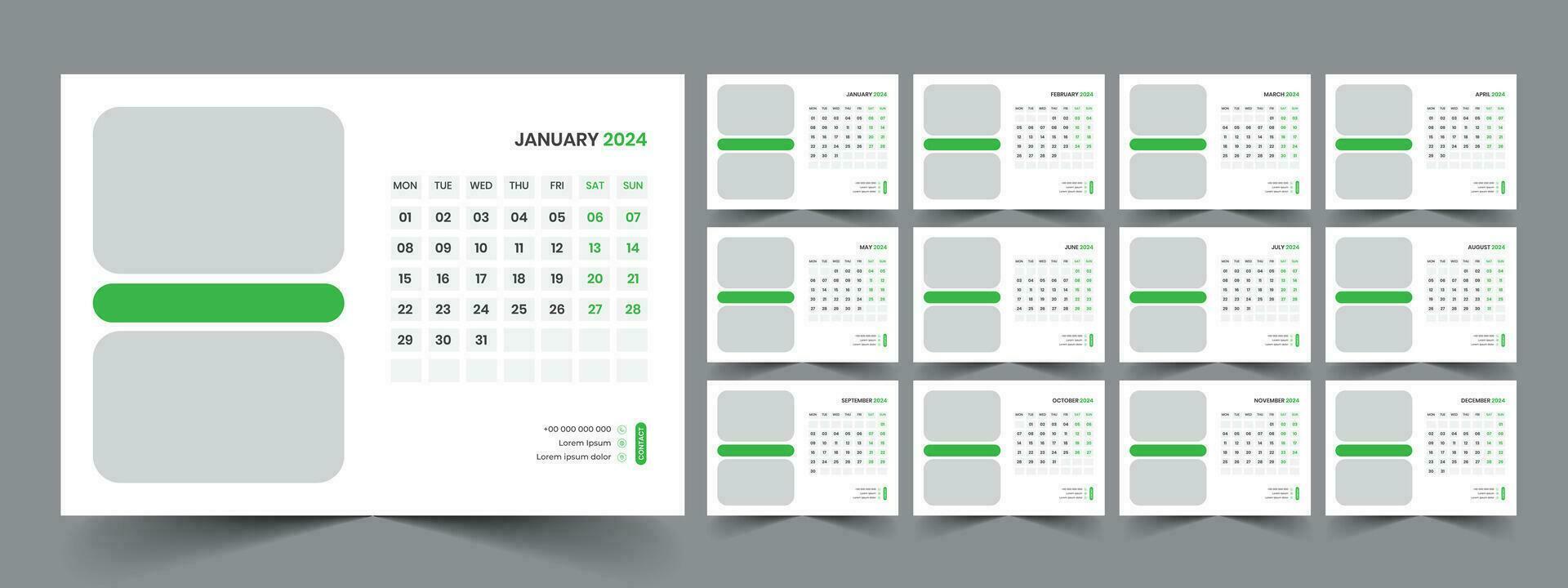 Calendar 2024 planner corporate template design set. Week starts on Monday. template for annual calendar 2024 vector