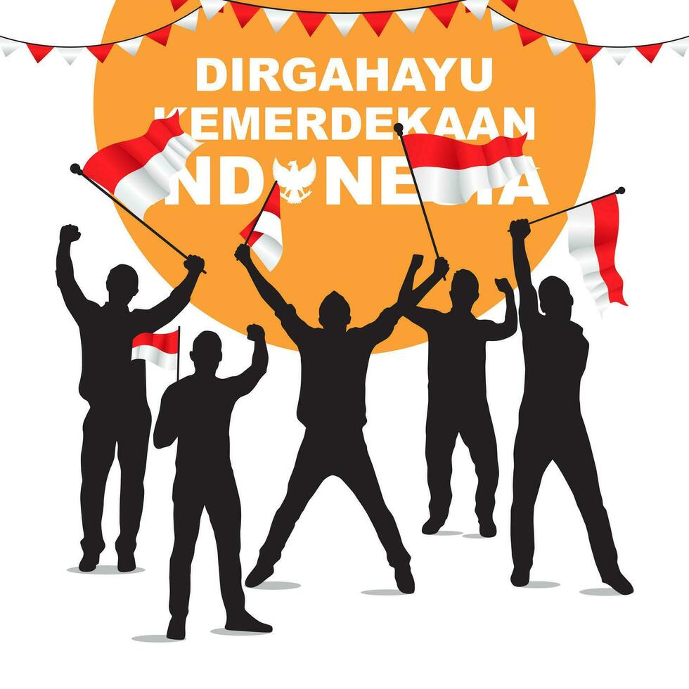 silhouettes of people holding Indonesian flag suitable for Indonesia independence day celebration vector