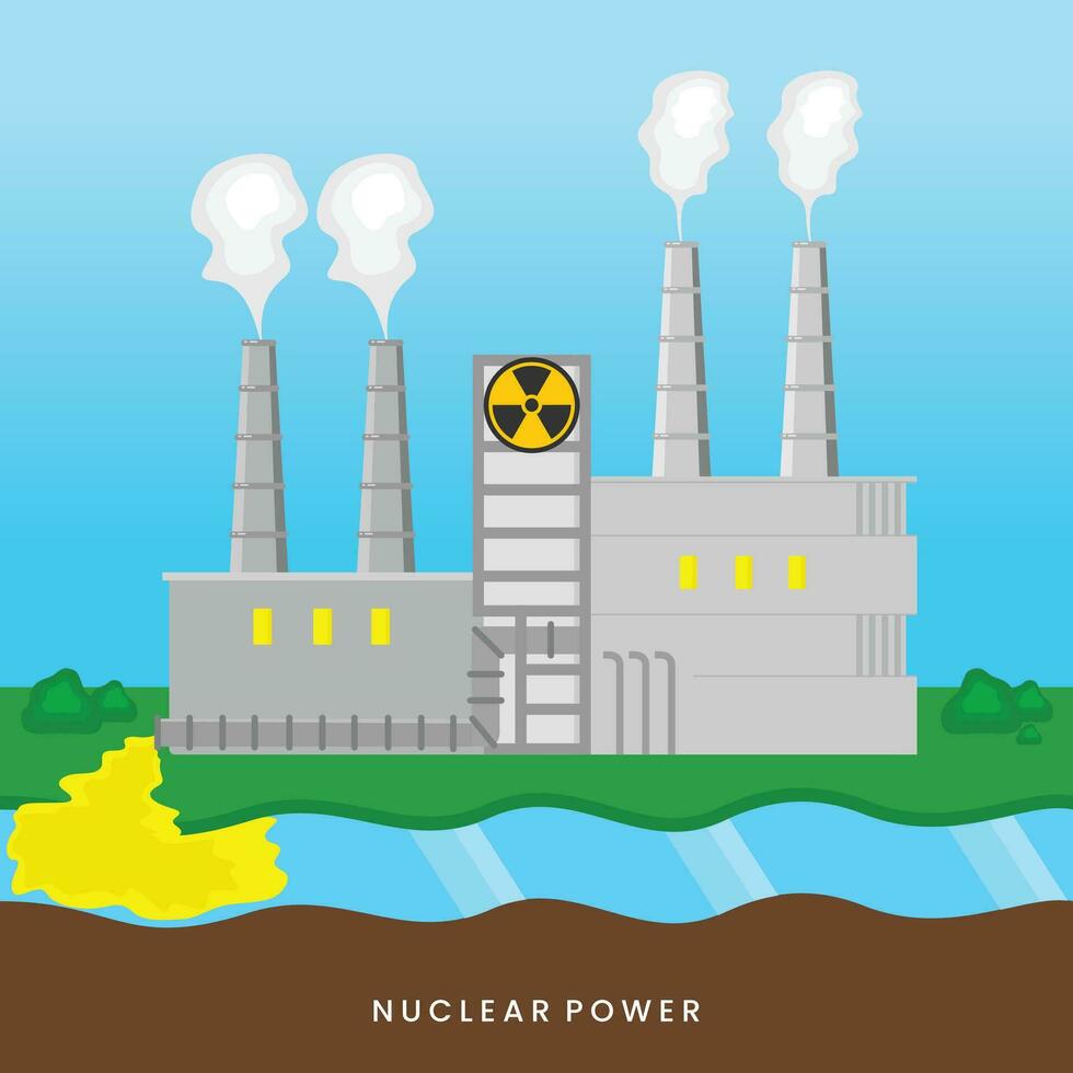 Nuclear power plant flat color vector illustration. 2D cartoon landscape of industrial facility with atomic reactor and environmental pollution.