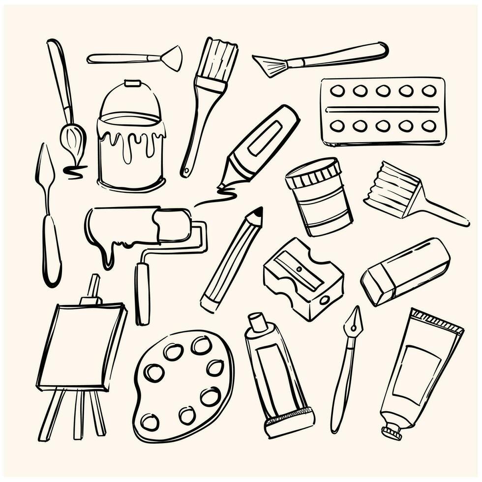 Hand drawn set of artist tools doodle. Art supplies in sketch style. Easel, brushes, paint, pencils. Vector illustration isolated on white background.