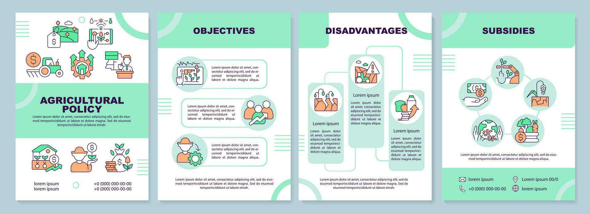 Agricultural policy green brochure template. Agribusiness. Leaflet design with linear icons. Editable 4 vector layouts for presentation, annual reports