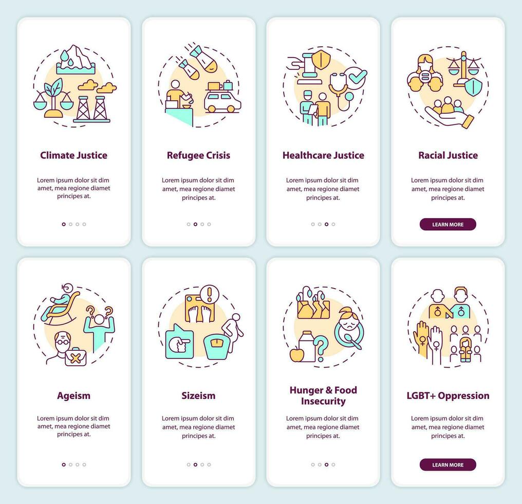 Social problems onboarding mobile app screen set. Justice issues walkthrough 4 steps editable graphic instructions with linear concepts. UI, UX, GUI template vector