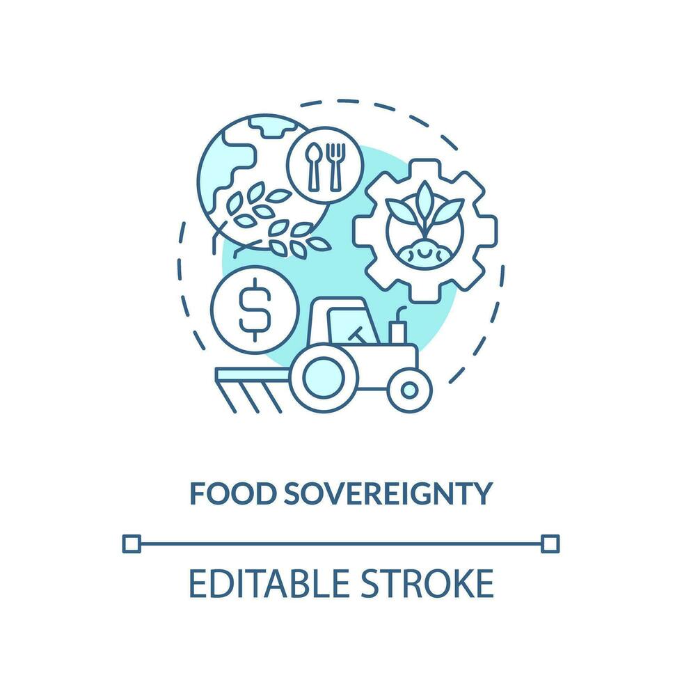 Food sovereignty turquoise concept icon. Farm system. Agriculture policy concern abstract idea thin line illustration. Isolated outline drawing. Editable stroke vector