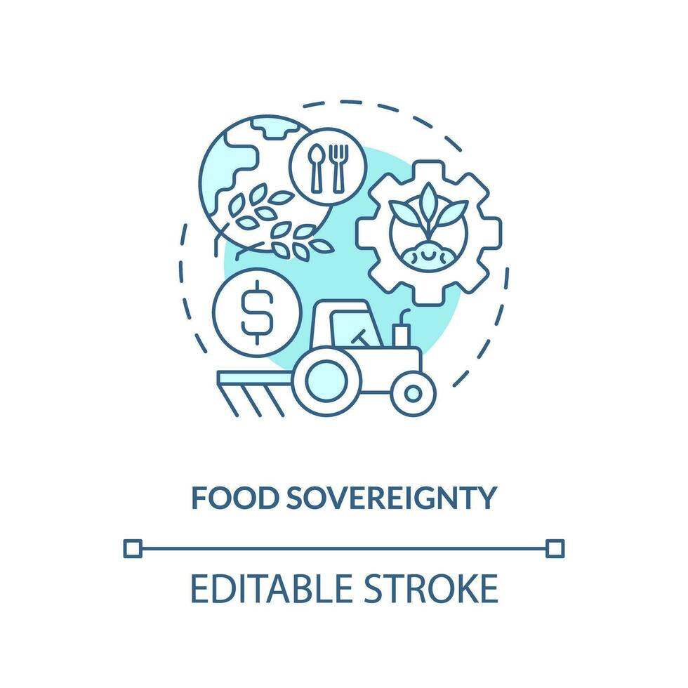 Food sovereignty turquoise concept icon. Farm system. Agriculture policy concern abstract idea thin line illustration. Isolated outline drawing. Editable stroke vector