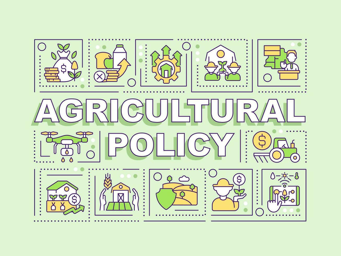 Agricultural policy word concepts olive green banner. Agribusiness. Infographics with editable icons on color background. Isolated typography. Vector illustration with text