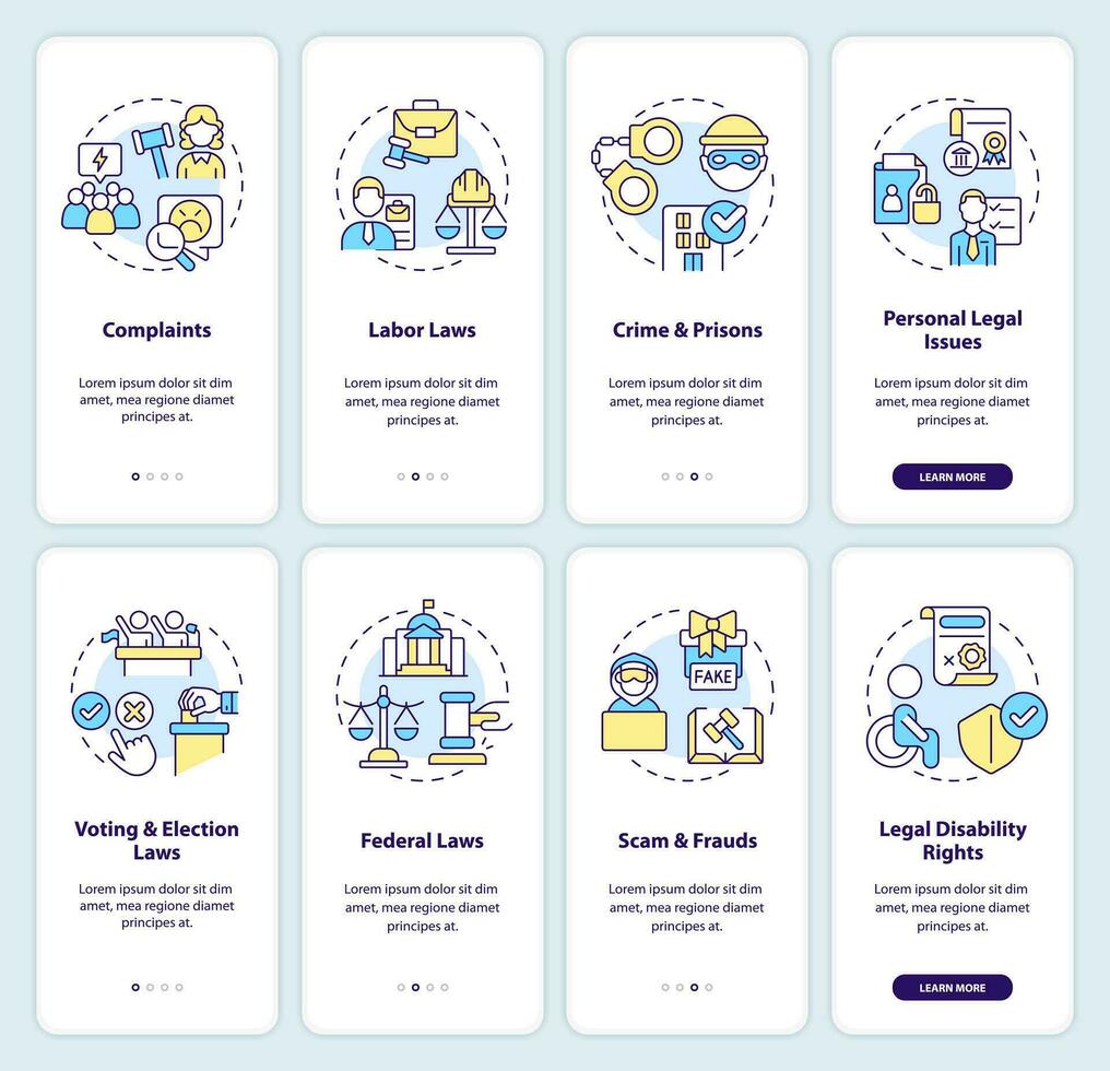 Legal cases onboarding mobile app screen set. Laws and regulations walkthrough 4 steps editable graphic instructions with linear concepts. UI, UX, GUI template vector