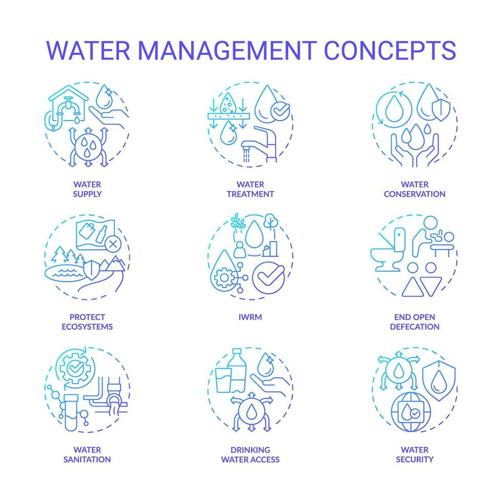 Water management blue gradient concept icons set. Natural resources consumption planning idea thin line color illustrations. Isolated symbols vector
