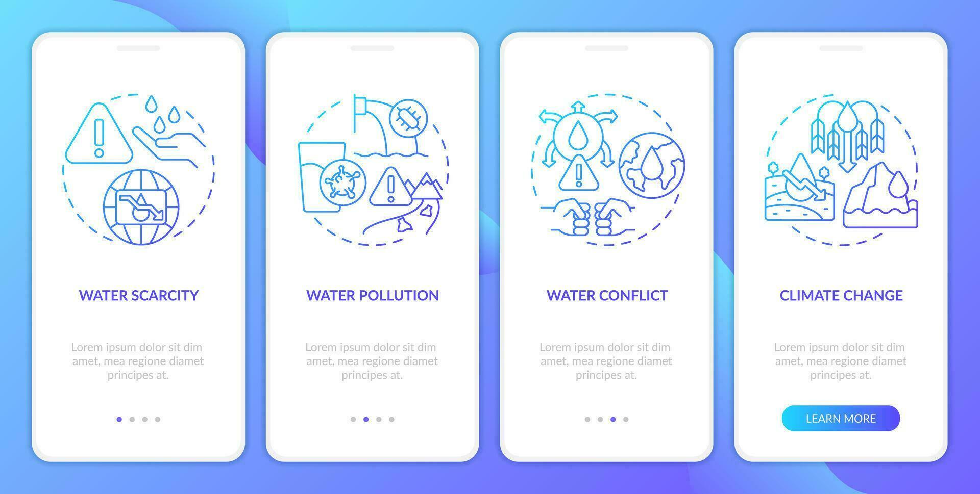 Water source threats blue gradient onboarding mobile app screen. Dangers walkthrough 4 steps graphic instructions with linear concepts. UI, UX, GUI template vector
