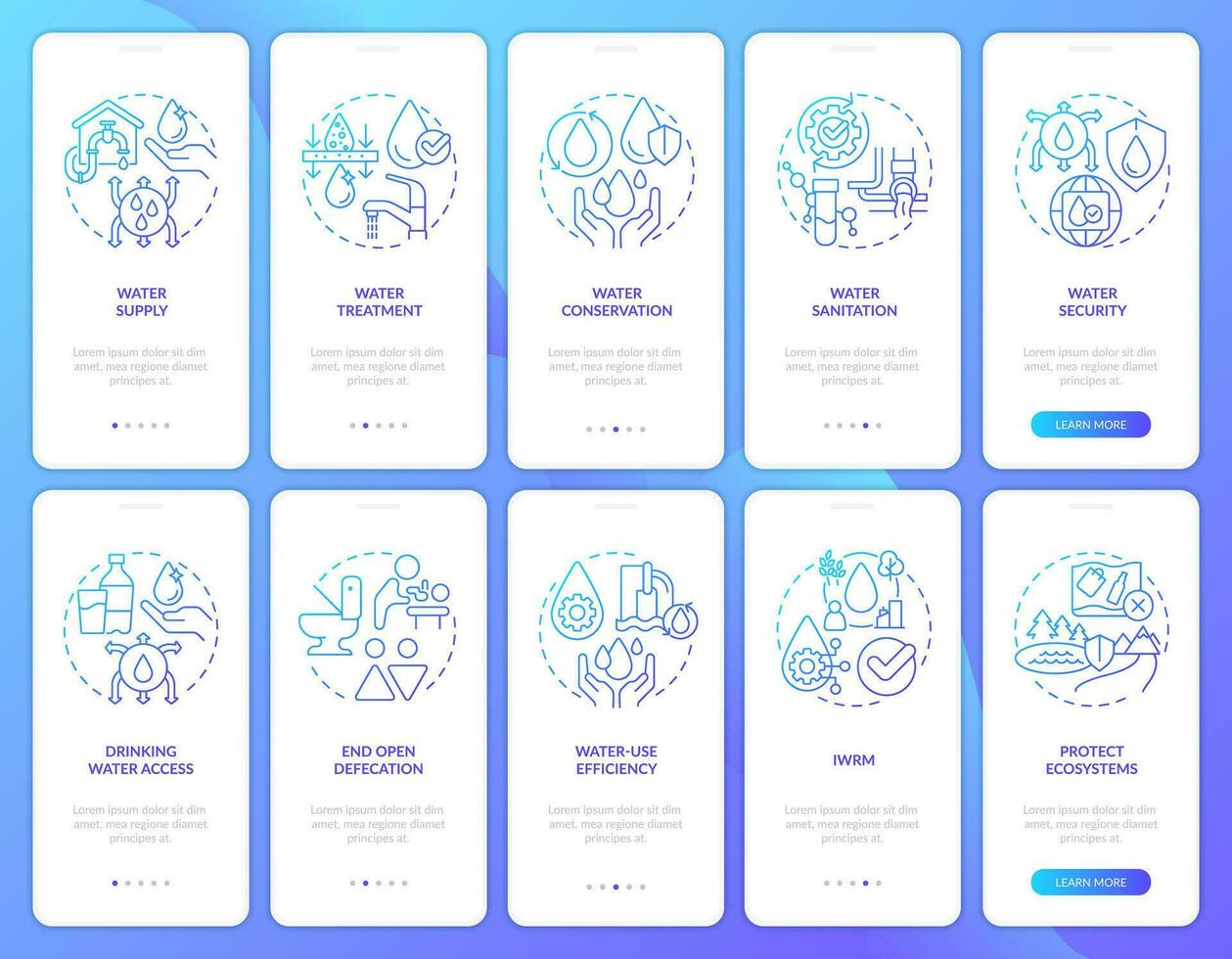 Water sanitation management blue gradient onboarding mobile app screens set. Walkthrough 5 steps graphic instructions with linear concepts. UI, UX, GUI template vector