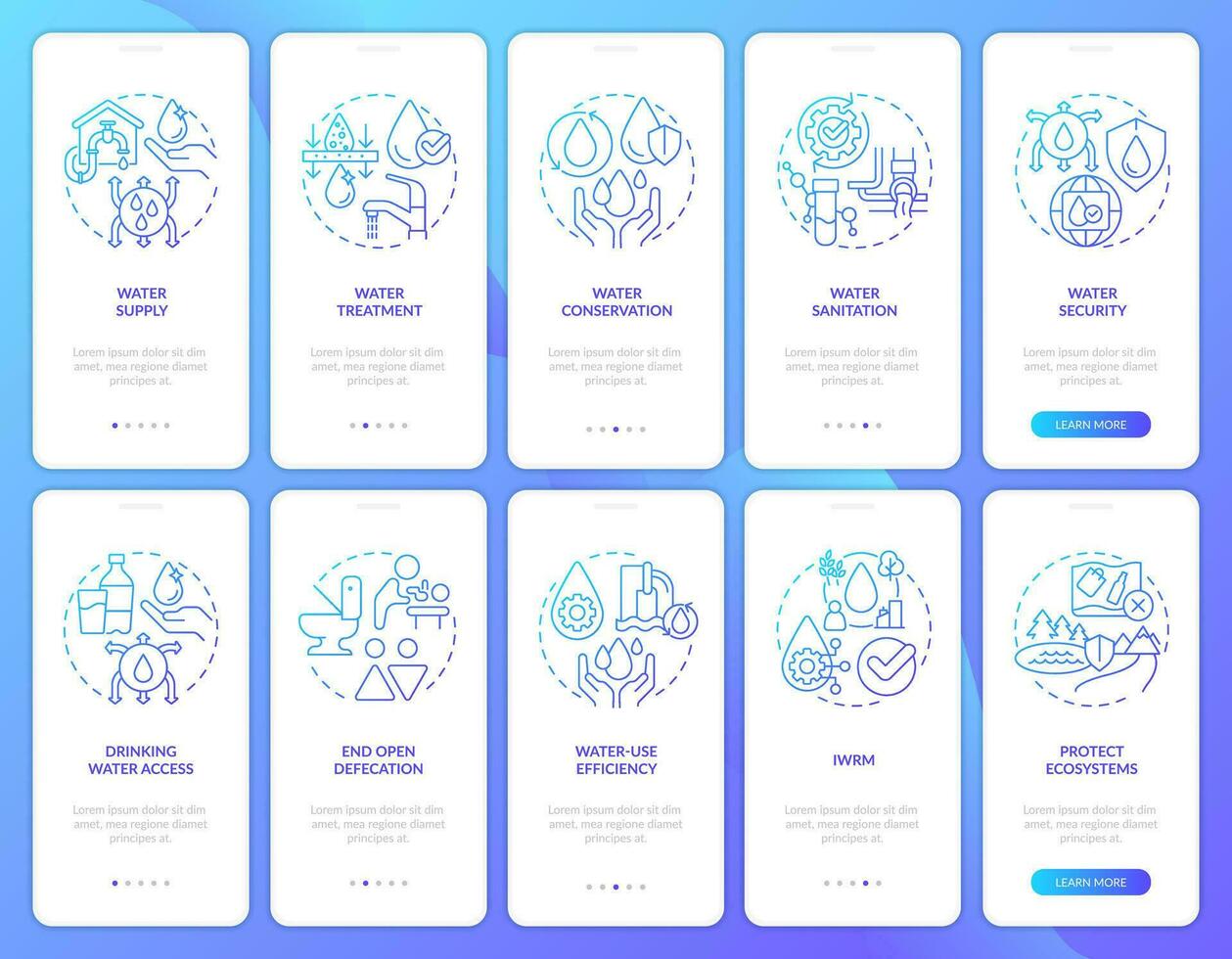 agua saneamiento administración azul degradado inducción móvil aplicación pantallas colocar. recorrido 5 5 pasos gráfico instrucciones con lineal conceptos. ui, ux, gui modelo vector