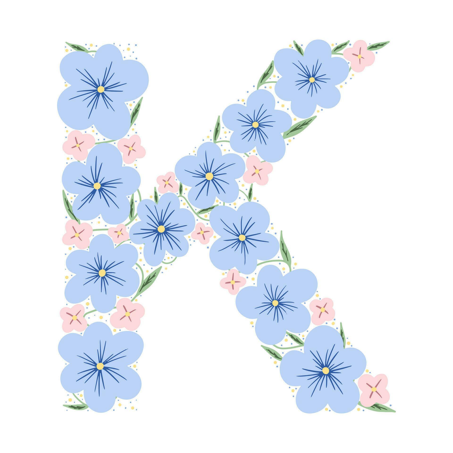 Floral botanical alphabet. Vintage hand drawn monogram letter K. Letter