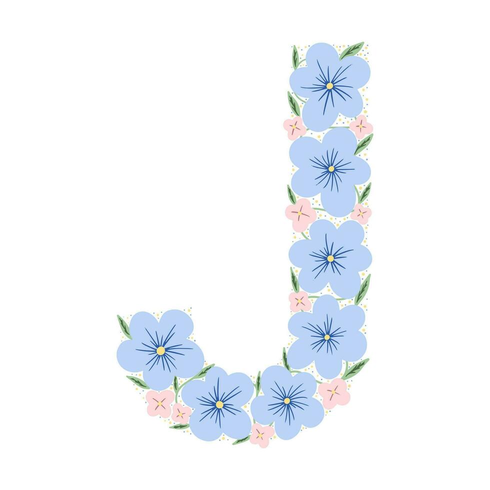 Floral botanical alphabet. Vintage hand drawn monogram letter J. Letter with plants and flowers. Vector lettering isolated on white