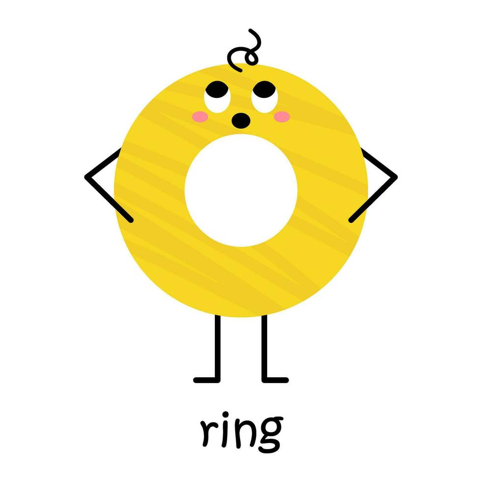 Vector yellow ring character. Cute geometric figure with face, blush and hair. Illustration with ring text for school and kindergarten. Cute funny surprised ring shape character for baby design.