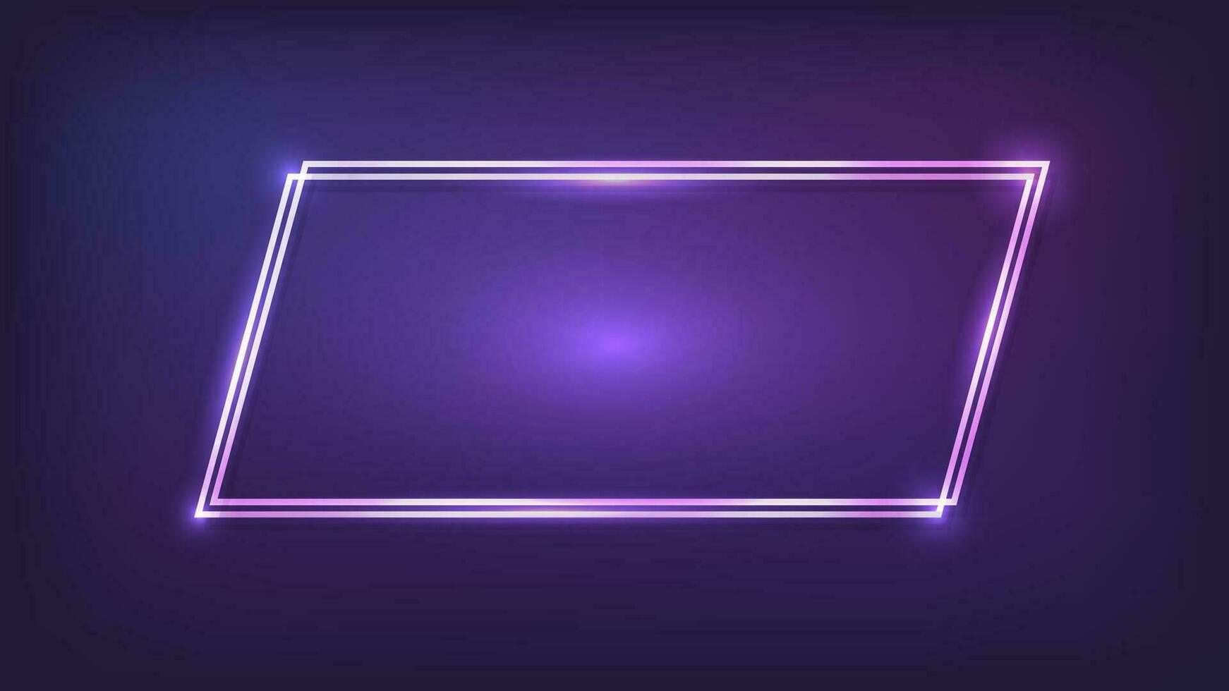 Neon double quadrangle frame with shining effects on dark background. Empty glowing techno backdrop. Vector illustration.