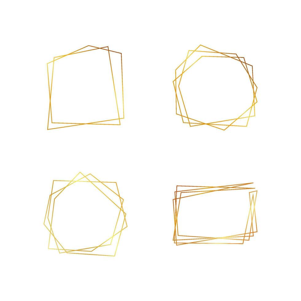 Set of four gold geometric polygonal frames with shining effects isolated on white background. Empty glowing art deco backdrop. Vector illustration.