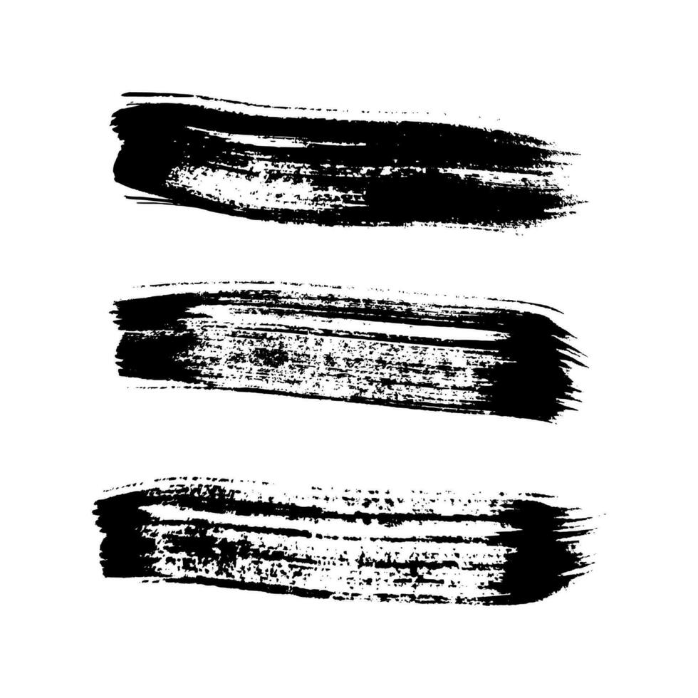 Black grunge brush strokes. Set of three painted ink stripes. Ink spot isolated on white background. Vector illustration