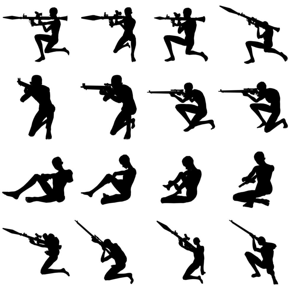 Bundle of illustrations of soldier silhouettes aiming with guns vector