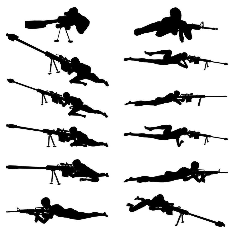 Bundle of illustrations of soldier silhouettes aiming with sniper vector