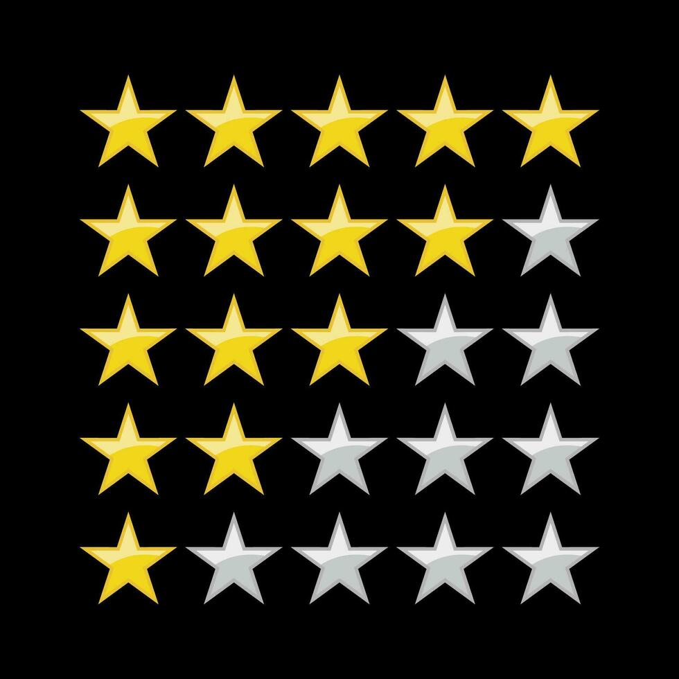 Rating sticker icon with five gold stars on a white background. Flat design vector