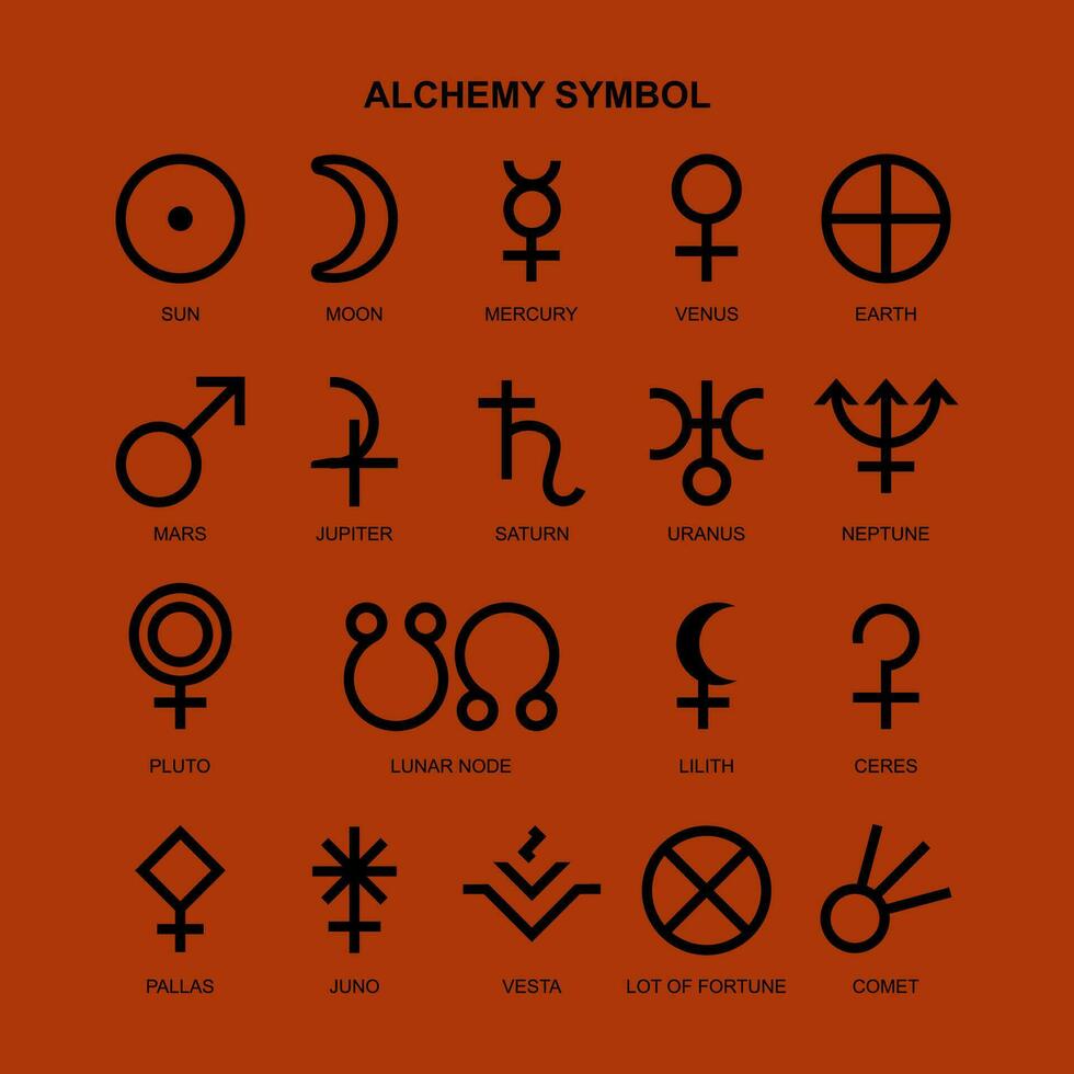 Collection of alchemy symbol, esoteric glyphs, pictograms and symbols. Mystic and alchemy signs linear style vector