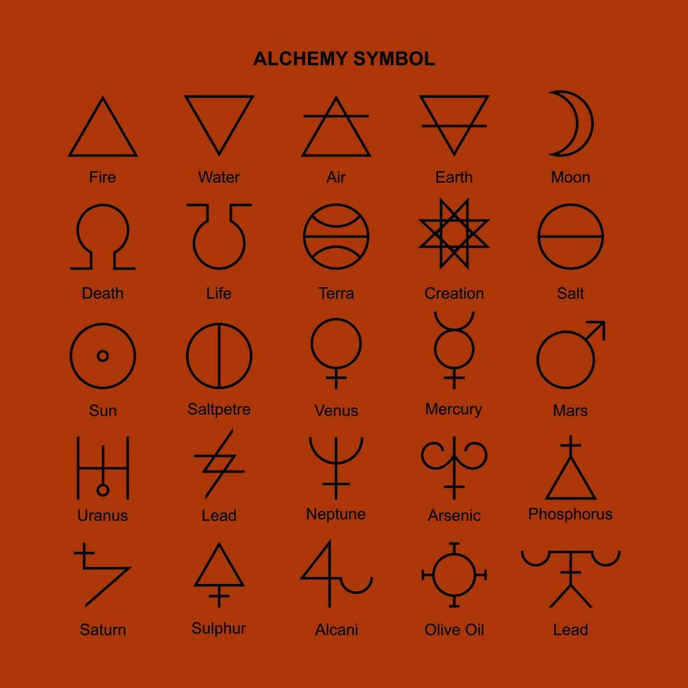 Collection of alchemy symbol, esoteric glyphs, pictograms and symbols. Mystic and alchemy signs linear style vector