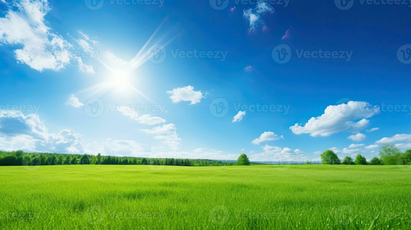 Beautiful summer landscape with green meadow and blue sky with clouds. Generative AI photo