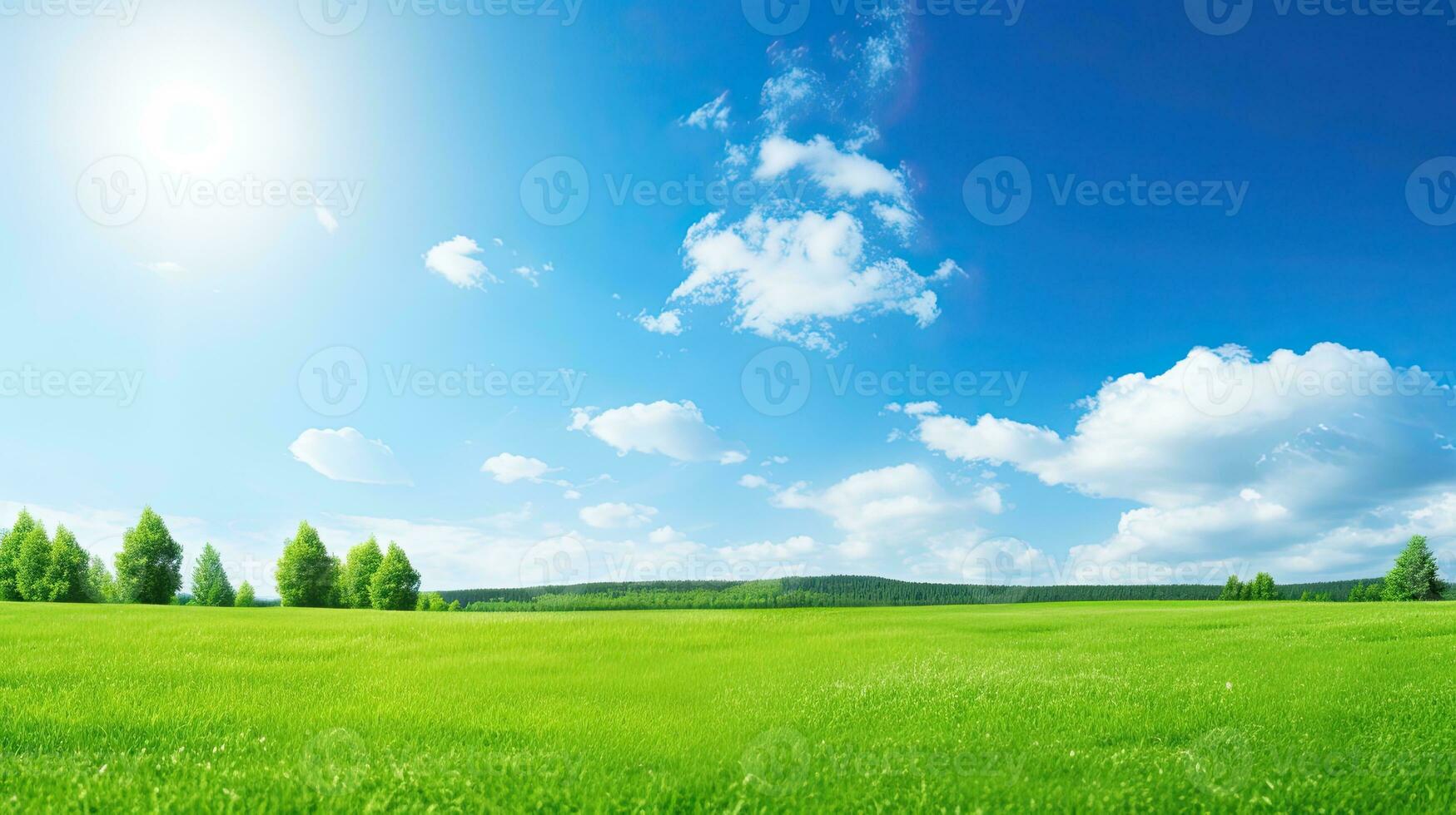 Beautiful summer landscape with green meadow and blue sky with clouds. Generative AI photo