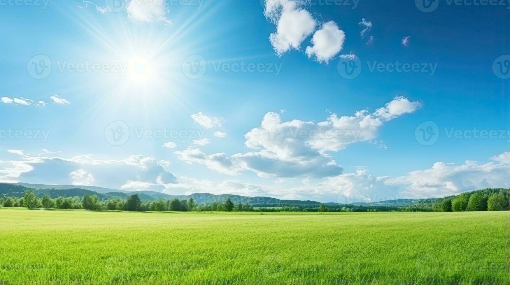 Beautiful summer landscape with green meadow and blue sky with clouds. Generative AI photo