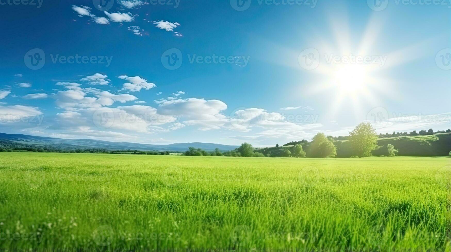 Beautiful summer landscape with green meadow and blue sky with clouds. Generative AI photo