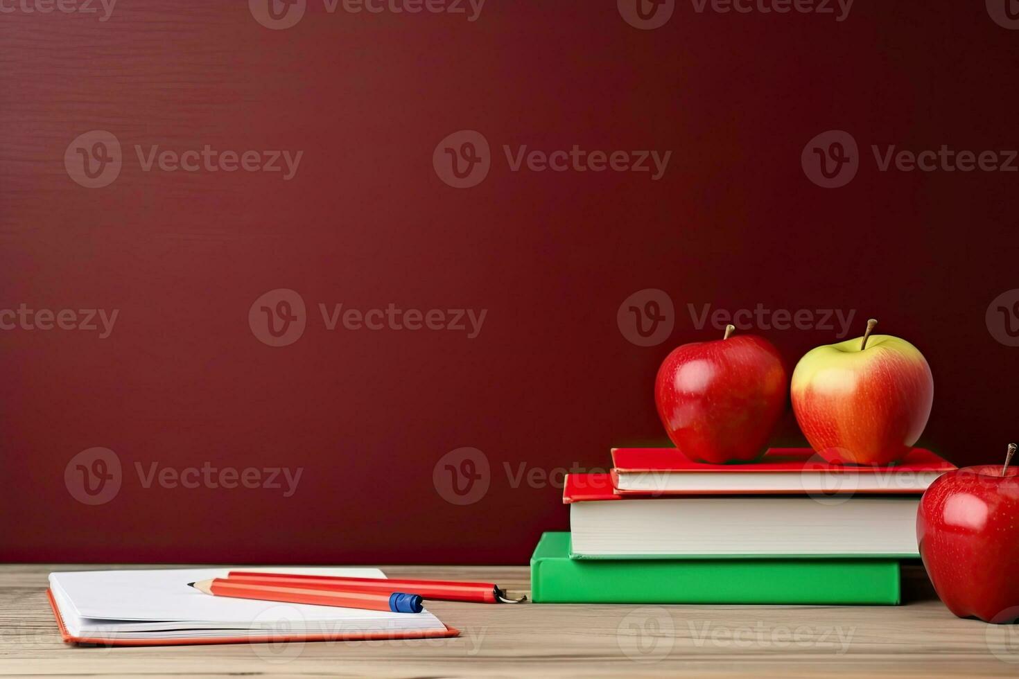 Back to school concept with books, pencils and apple on wooden table.  Generative AI photo