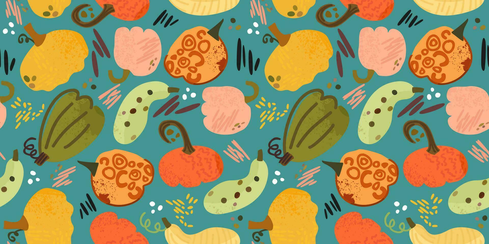 Vector bright seamless pattern with various pumpkins