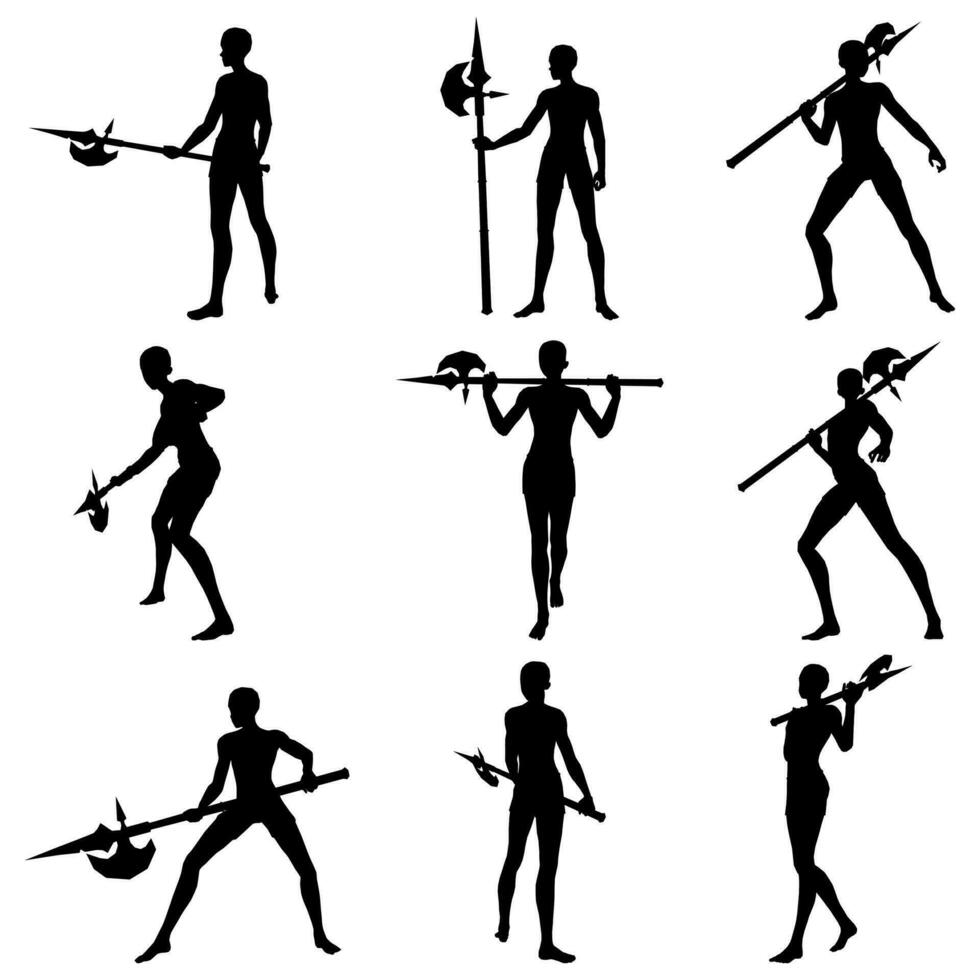 Bundle pose of man using spear ax silhouette art style vector