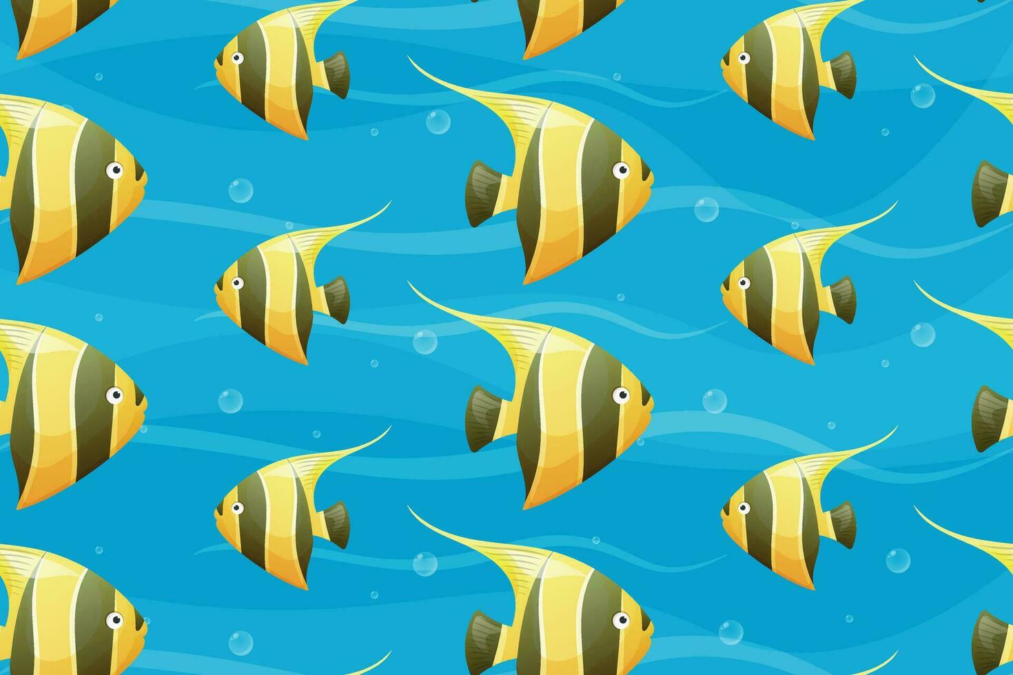 vector sin costura patrón, dibujos animados amarillo pescado en negro raya. mar flotante habitante, árabe ídolo.