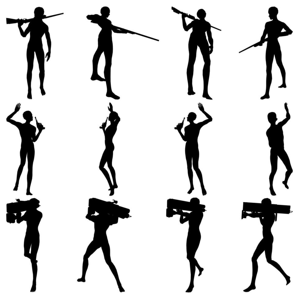 Bundle of various poses holding firearms and weapons vector