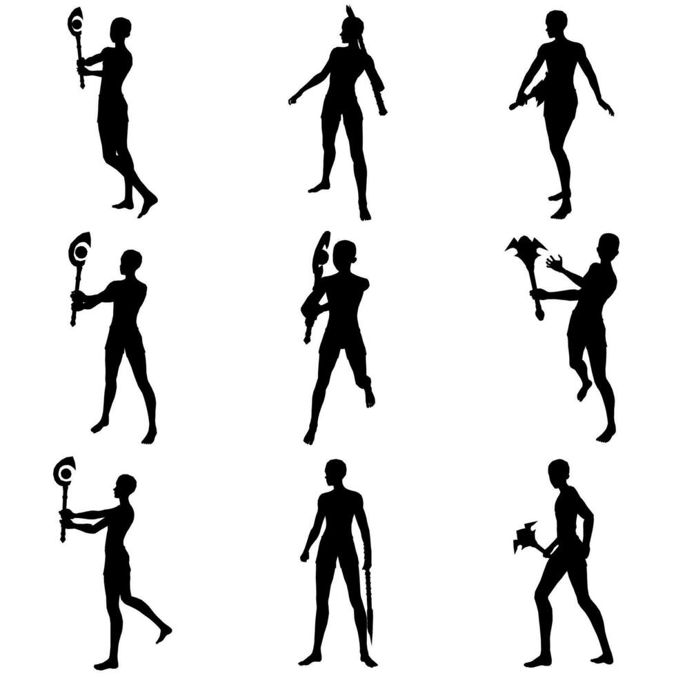 Bundle 2 poses of man using magic wand silhouette art style vector