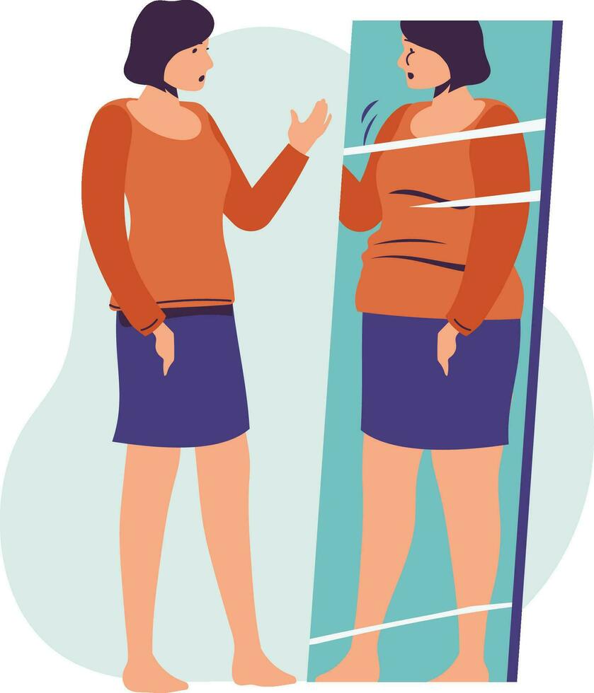 A thin girl looks in the mirror and sees herself fat. The concept of eating disorders, anorexia, bulemia. A woman wants to lose weight vector