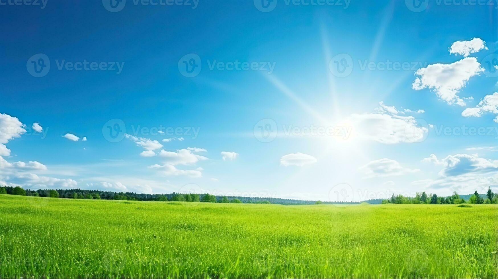 Beautiful summer landscape with green meadow and blue sky with clouds. Generative AI photo