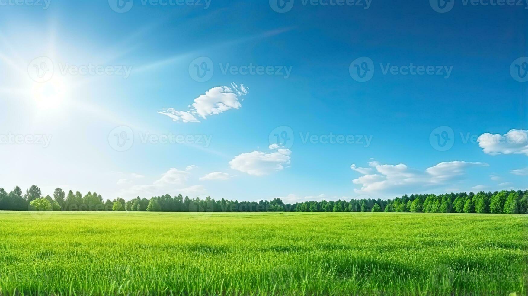 Beautiful summer landscape with green meadow and blue sky with clouds. Generative AI photo