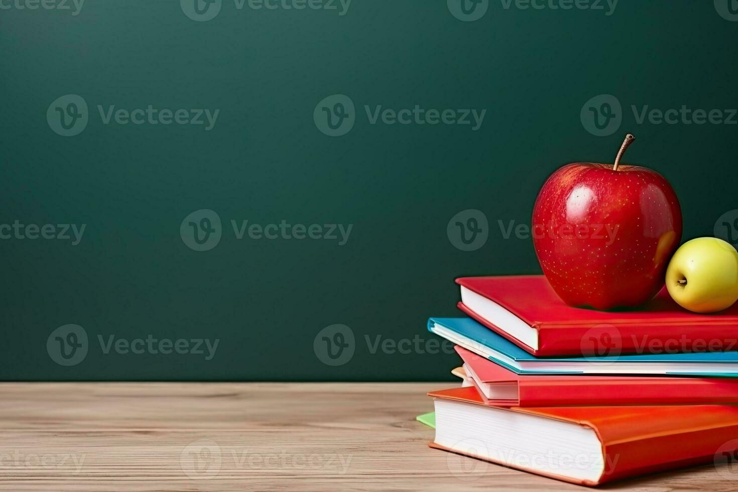 Back to school concept with books, pencils and apple on wooden table.  Generative AI photo