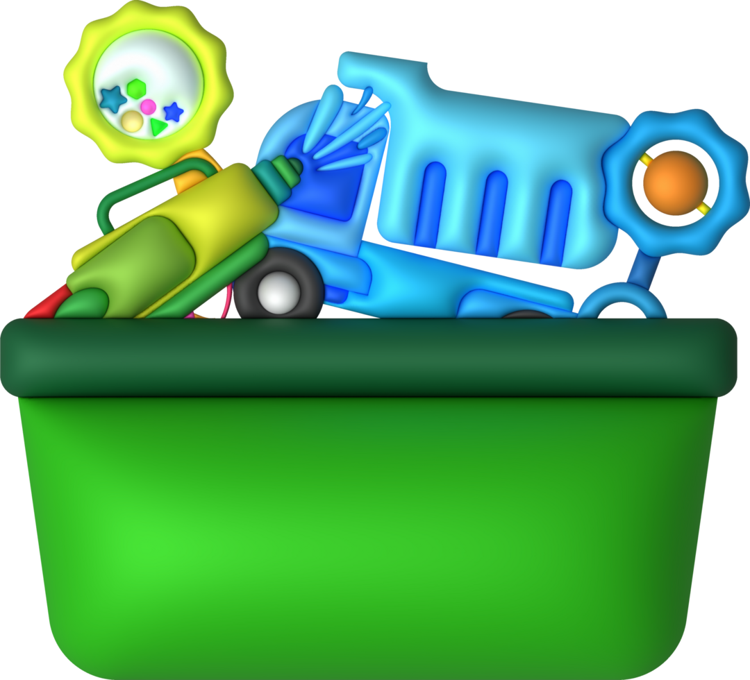 Kids toys box baby container with toyshop Water gun ,rattles ,piano keyboard set illustration png