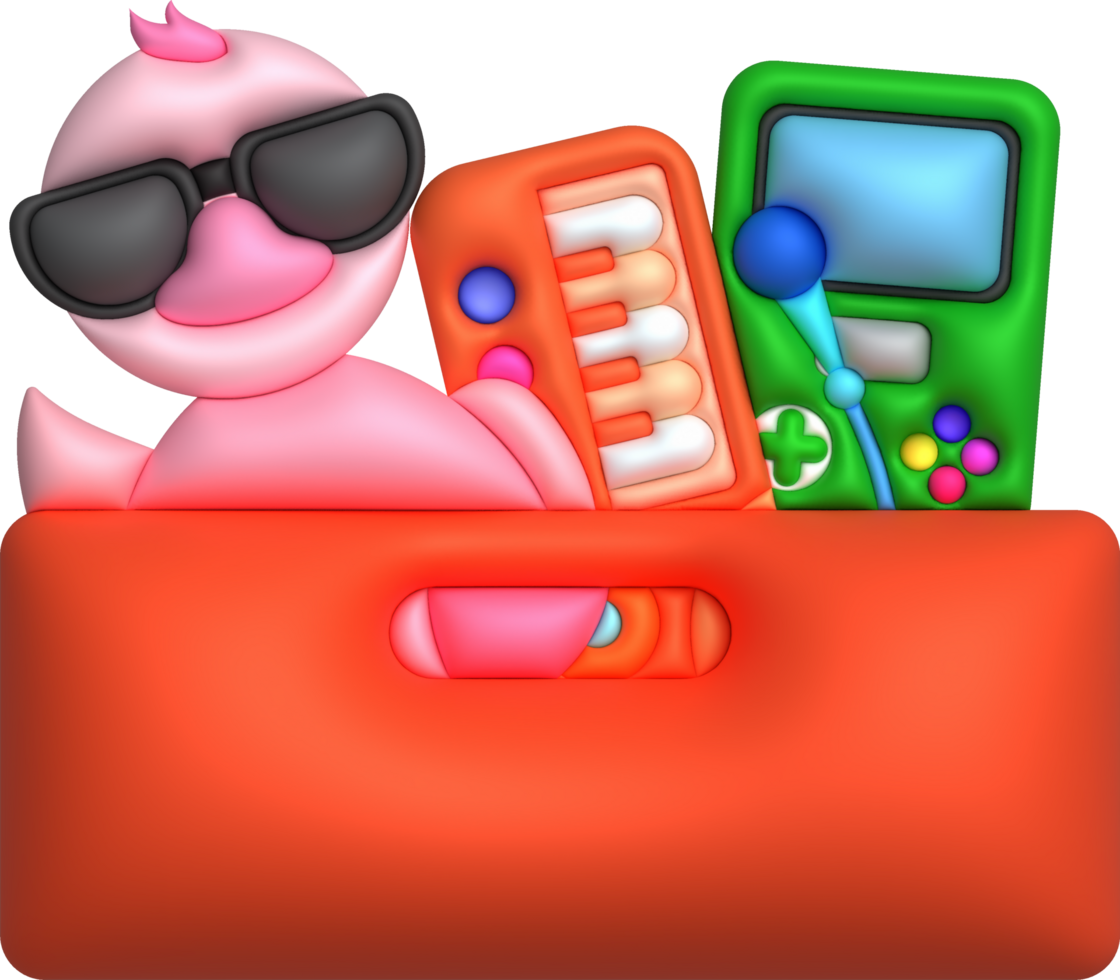 Kids toys box baby container with toyshop Rubber duck toy piano keyboard gamepad set illustration png
