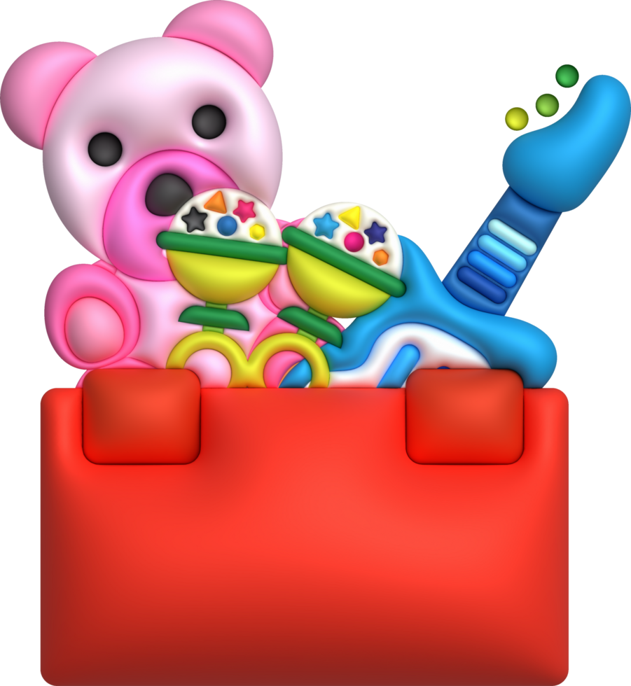 Kids toys box baby container with toyshop teddy bear guitar rattles set illustration png