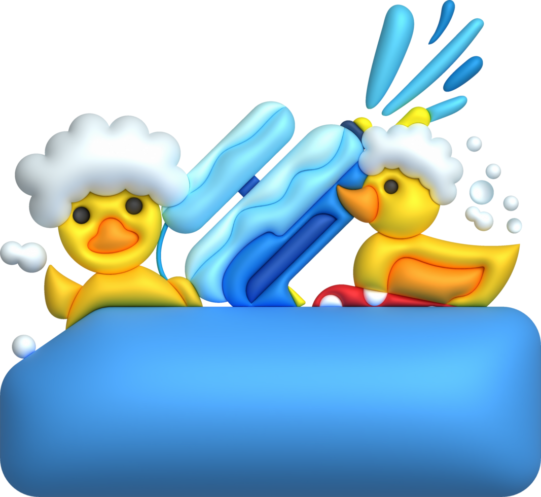 Kids toys box baby container with toyshop Rubber duck, water gun set illustration png