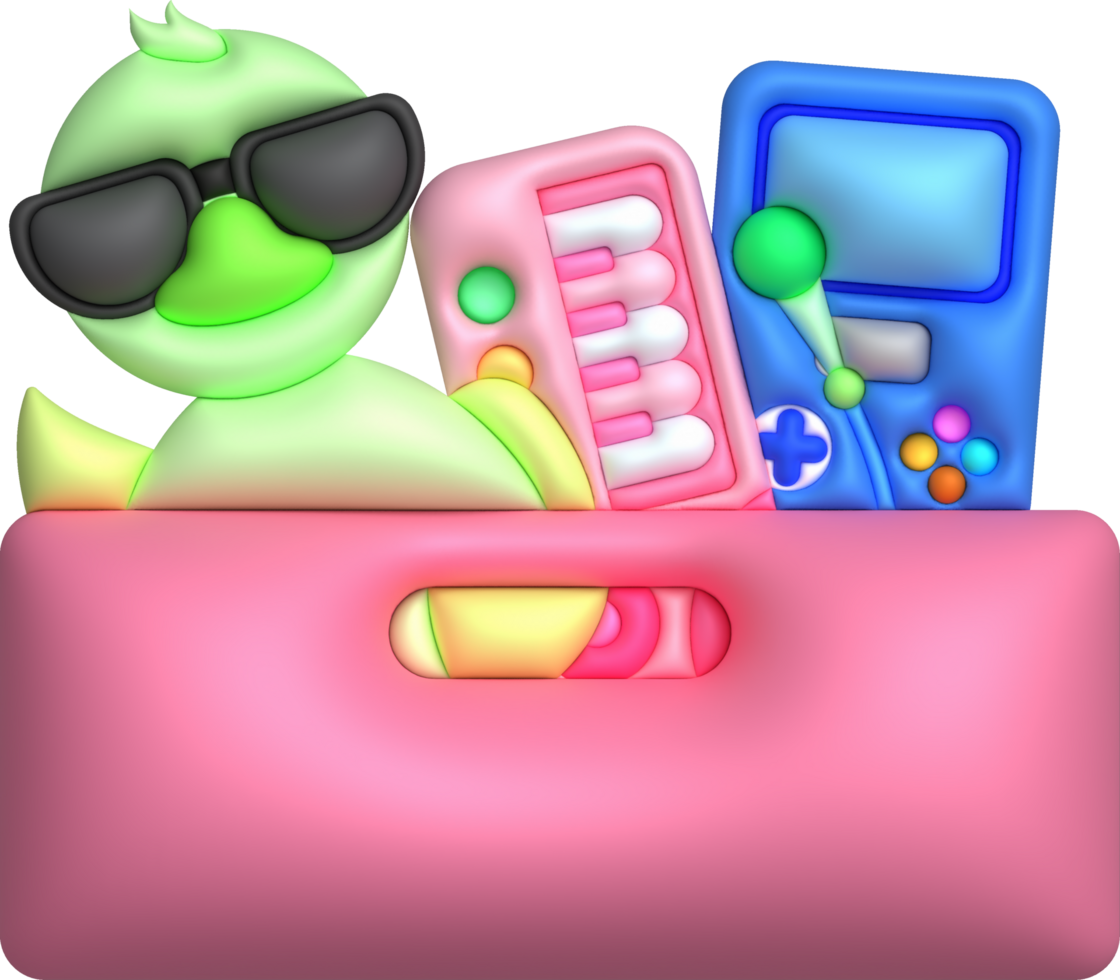 des gamins jouets boîte bébé récipient avec Magasin de jouets caoutchouc canard jouet piano clavier manette de jeu ensemble illustration png